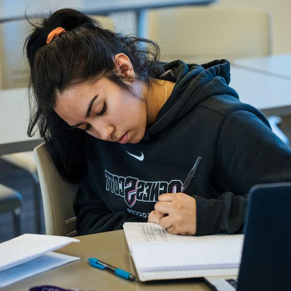 An English literature student take notes during class in her notebook.